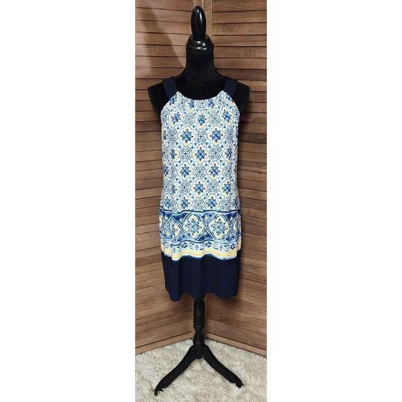 En Focus Studio Womens Blue Medallion Print Sleeveless Halter Shift Dress Size 8 - Picture 1 of 7